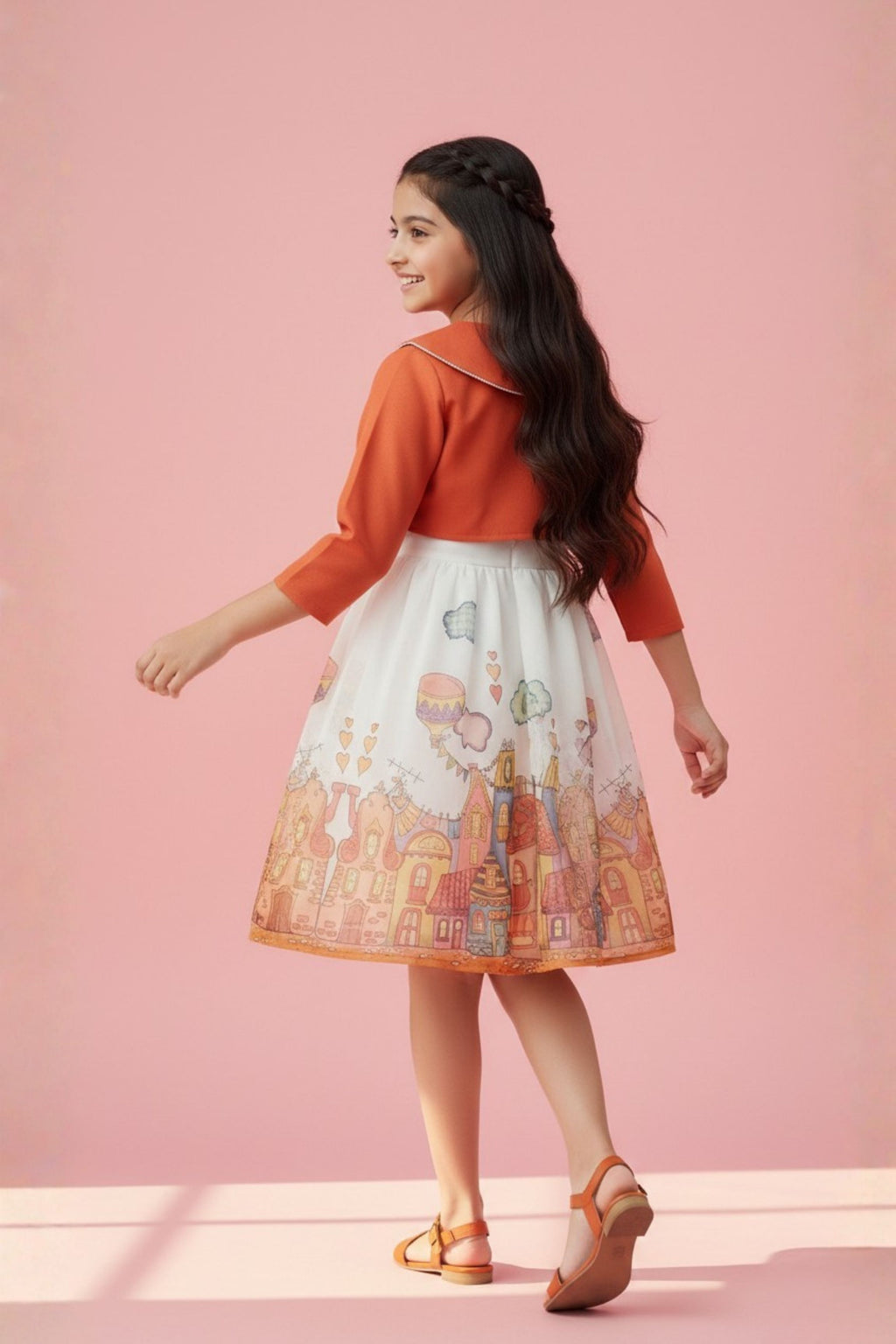 Printed Sleeveless Dress with Rust Bolero F659