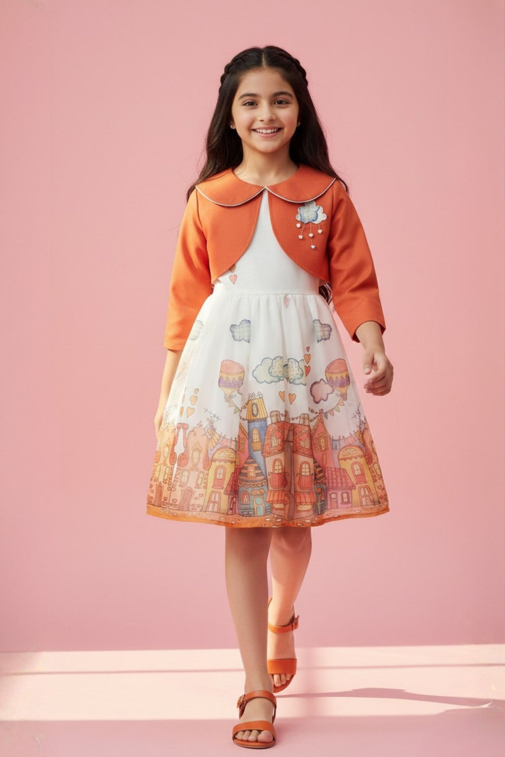 Printed Sleeveless Dress with Rust Bolero F659