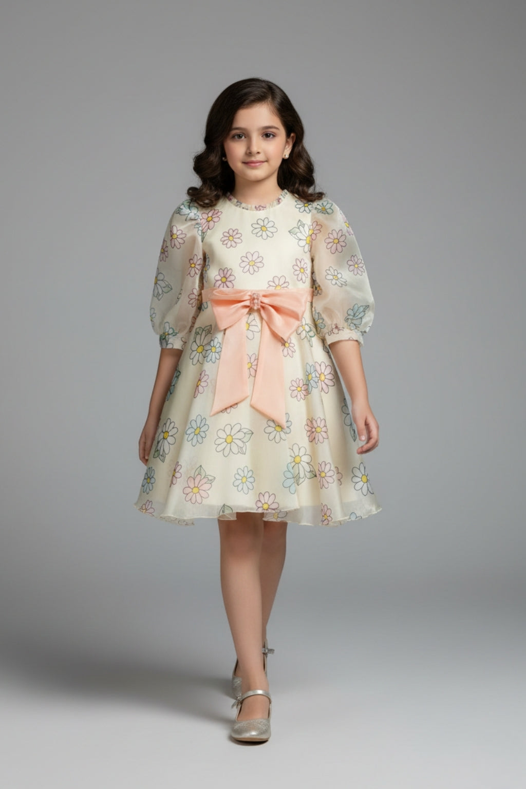 Girls Floral Organza Dress with Peach Bow F675
