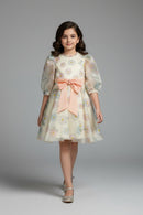 Girls Floral Organza Dress with Peach Bow F675