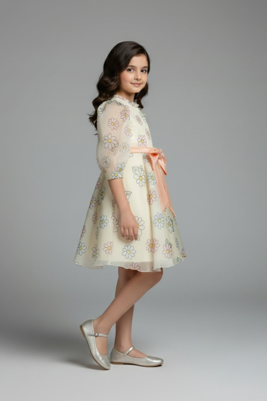 Girls Floral Organza Dress with Peach Bow F675
