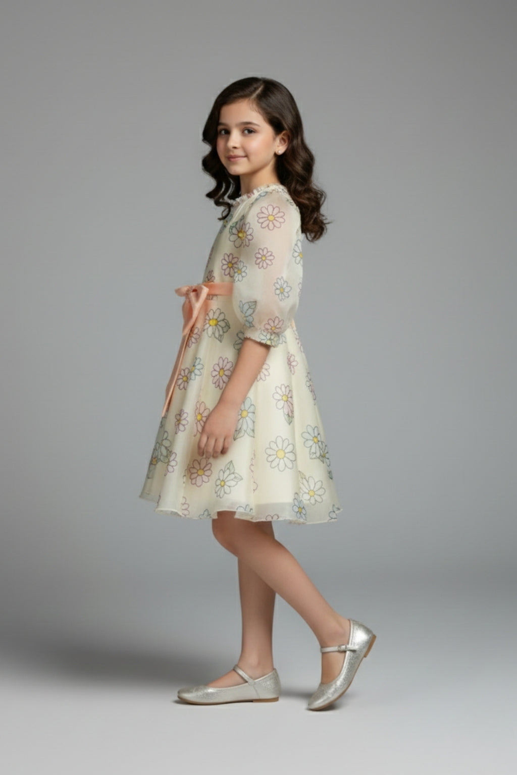 Girls Floral Organza Dress with Peach Bow F675