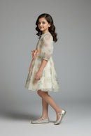 Girls Floral Organza Dress with Peach Bow F675
