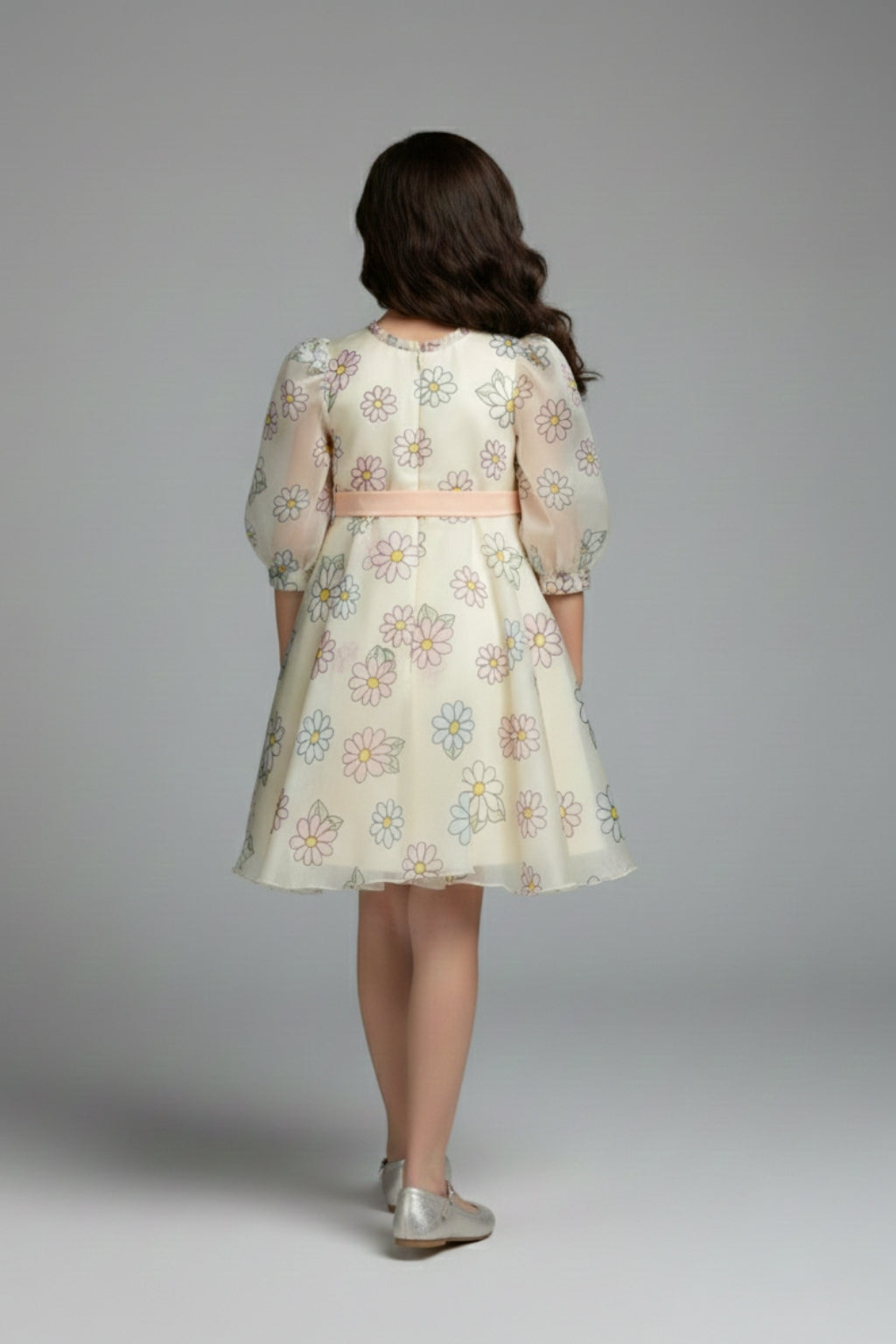 Girls Floral Organza Dress with Peach Bow F675