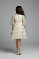 Girls Floral Organza Dress with Peach Bow F675