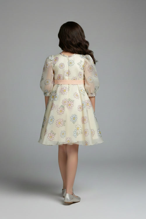 Girls Floral Organza Dress with Peach Bow F675