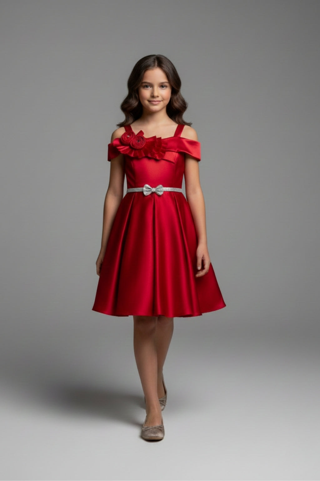 Girls Red Off-Shoulder Party Dress with Bow Belt F690