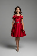 Girls Red Off-Shoulder Party Dress with Bow Belt F690