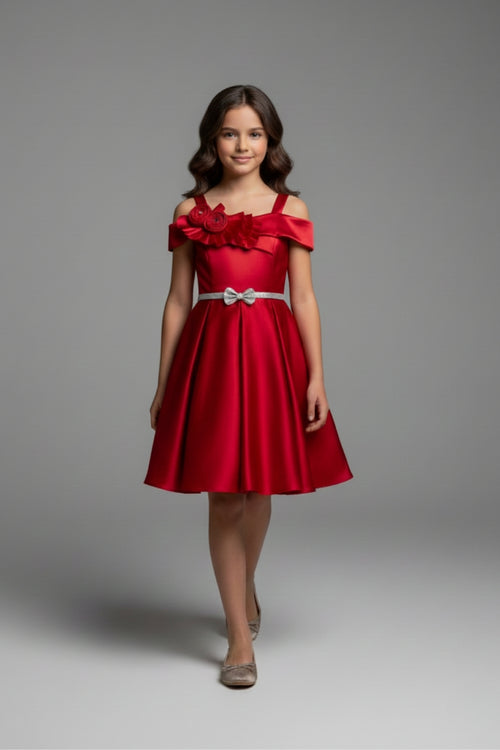 Girls Red Off-Shoulder Party Dress with Bow Belt F690