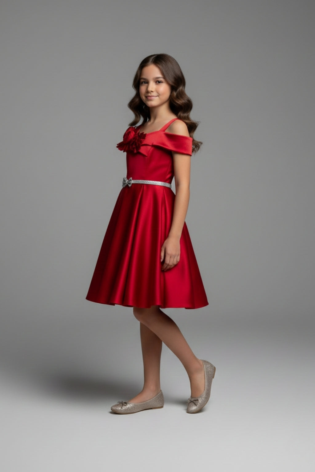 Girls Red Off-Shoulder Party Dress with Bow Belt F690