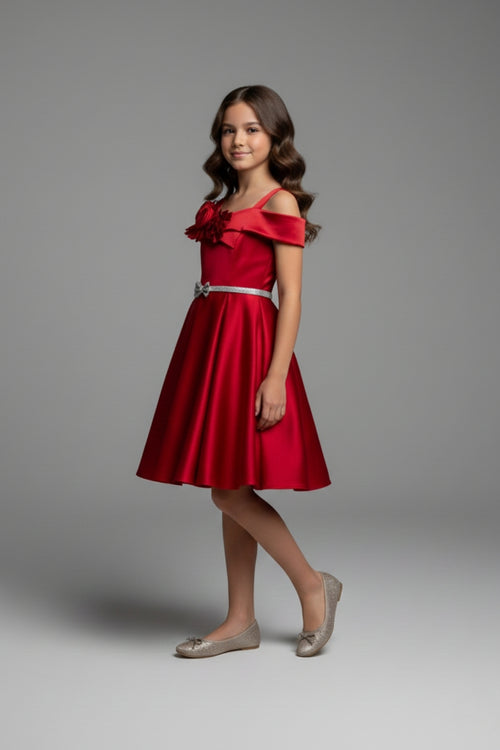 Girls Red Off-Shoulder Party Dress with Bow Belt F690