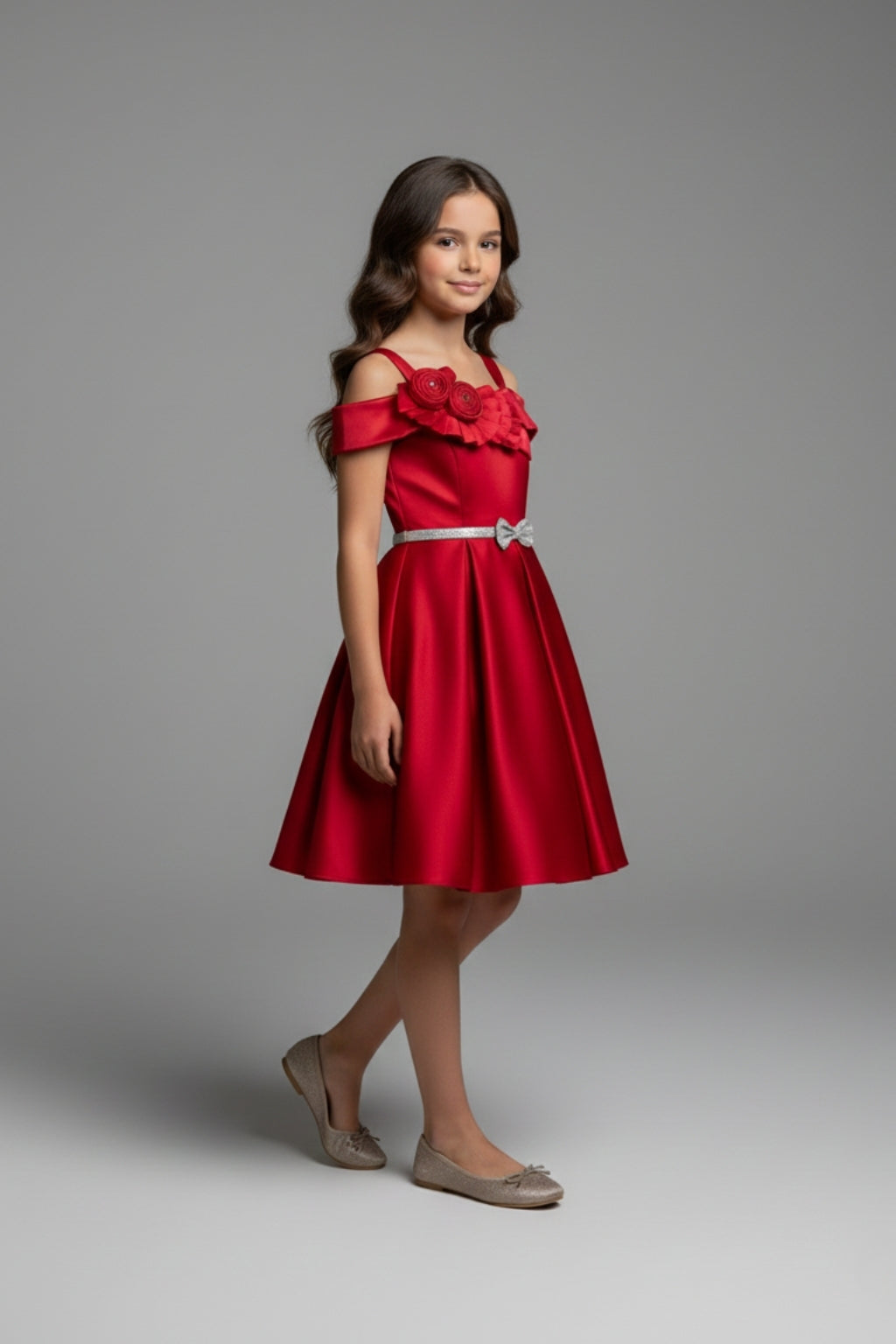 Girls Red Off-Shoulder Party Dress with Bow Belt F690