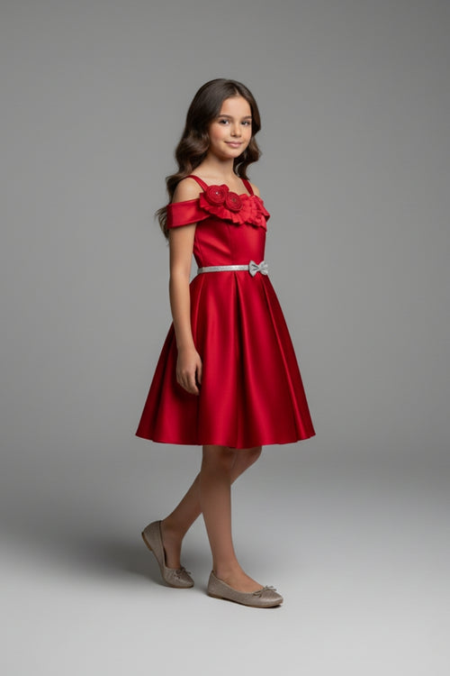 Girls Red Off-Shoulder Party Dress with Bow Belt F690
