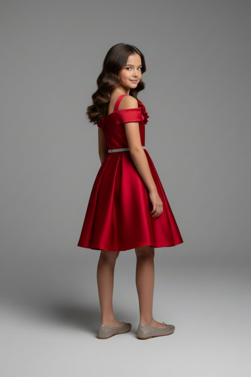 Girls Red Off-Shoulder Party Dress with Bow Belt F690