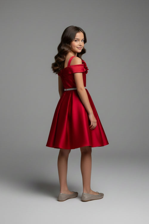 Girls Red Off-Shoulder Party Dress with Bow Belt F690
