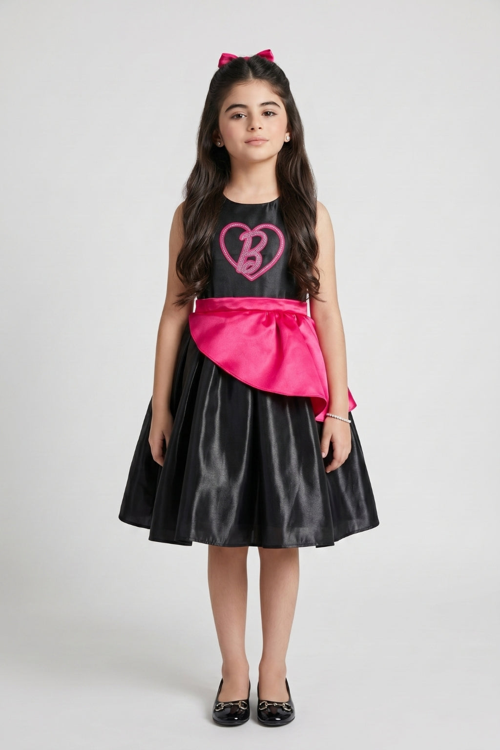 Barbie Girls Elegant Black Party Dress with Pink Waist Bow F309