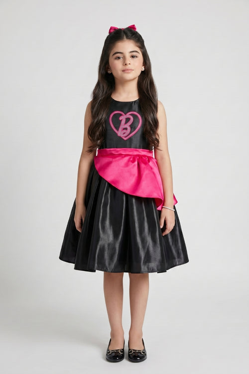 Barbie Girls Elegant Black Party Dress with Pink Waist Bow F309