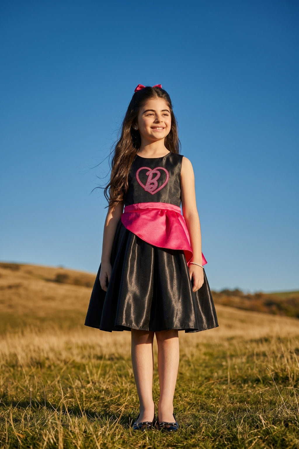 Barbie Girls Elegant Black Party Dress with Pink Waist Bow F309