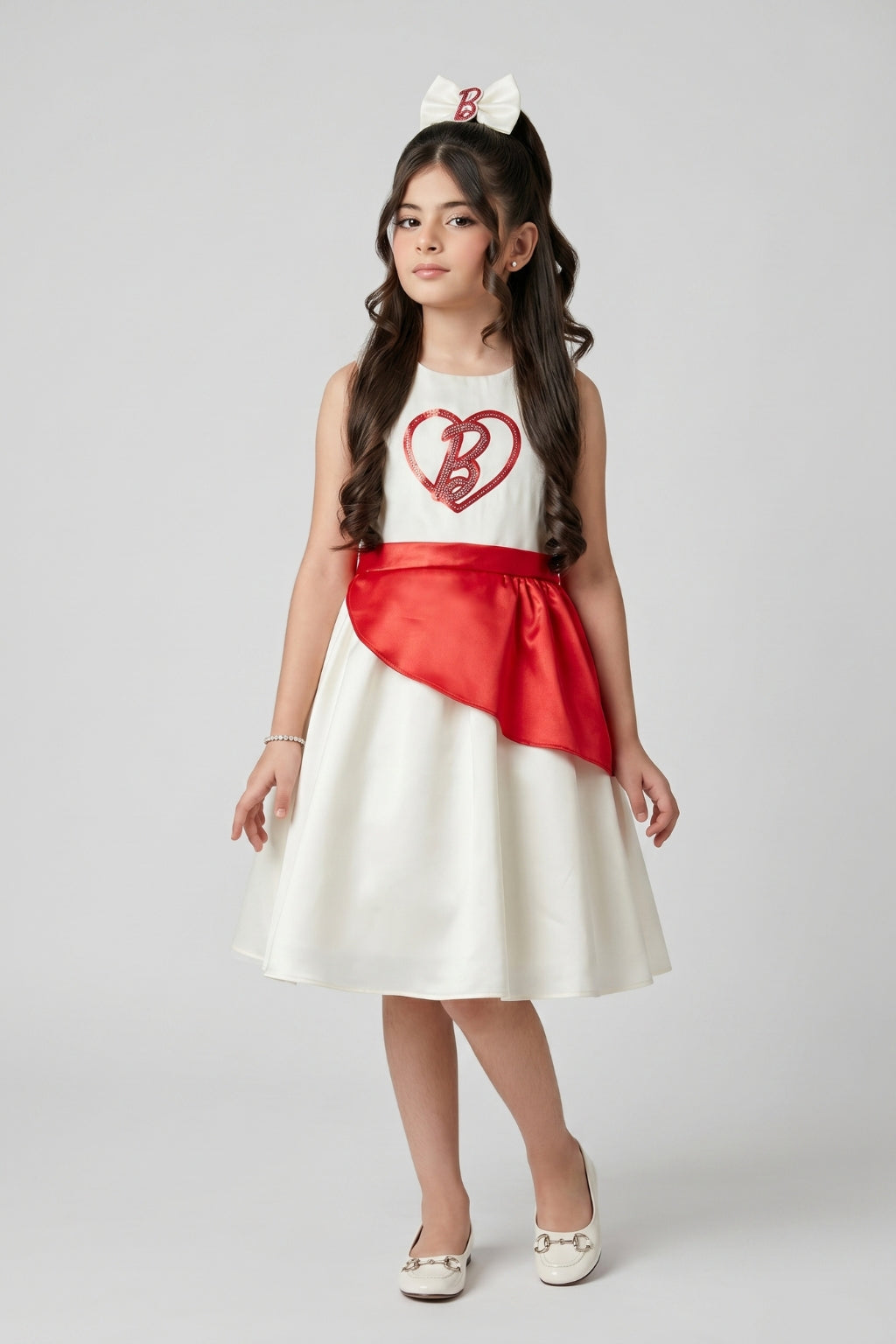 Barbie White Fit & Flare Dress with Red Peplum Waist for Girls F309