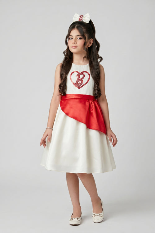 Barbie White Fit & Flare Dress with Red Peplum Waist for Girls F309