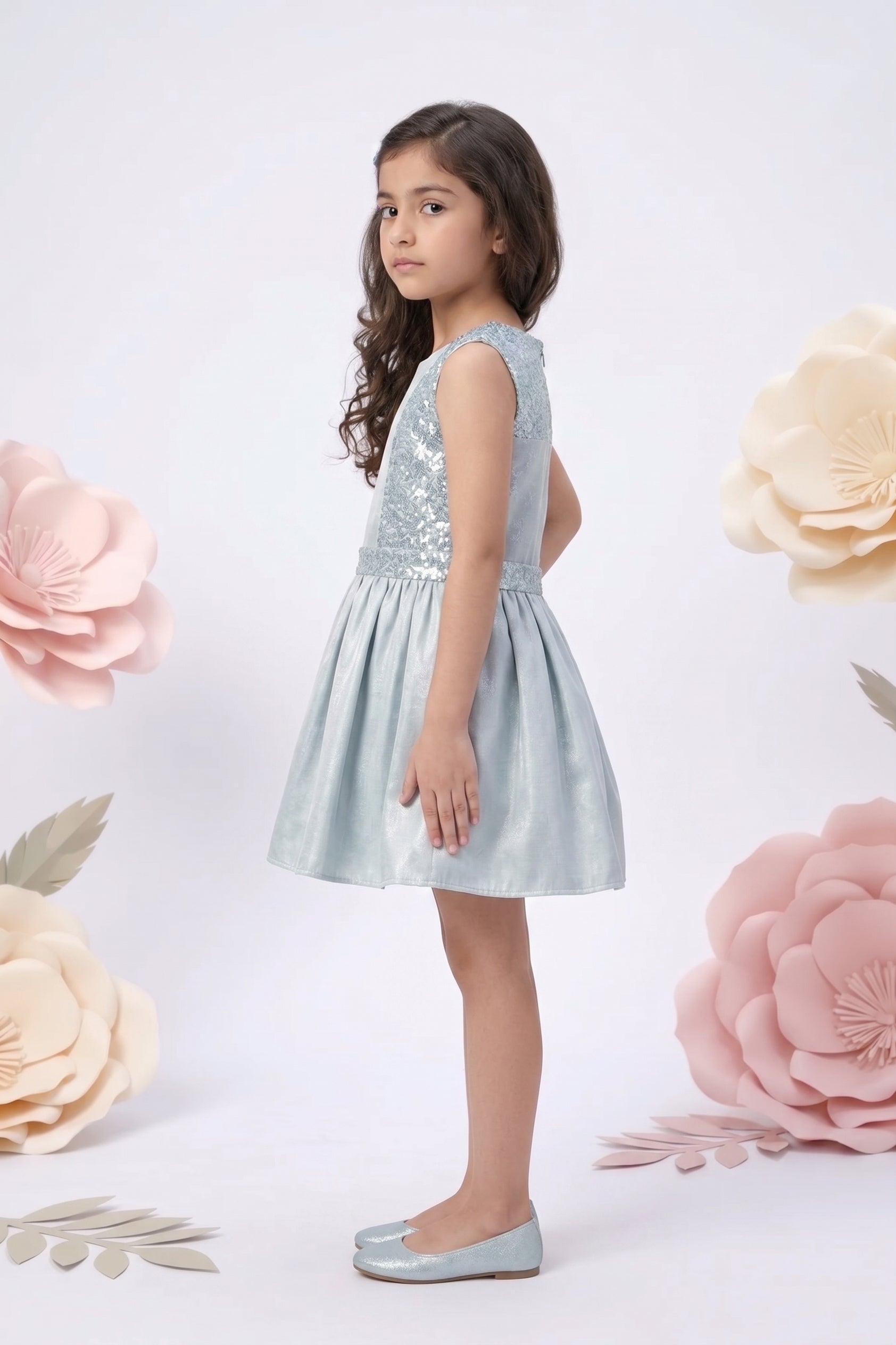 Opal Blue Party Dress with Sequin Bodice & Bow Back F577