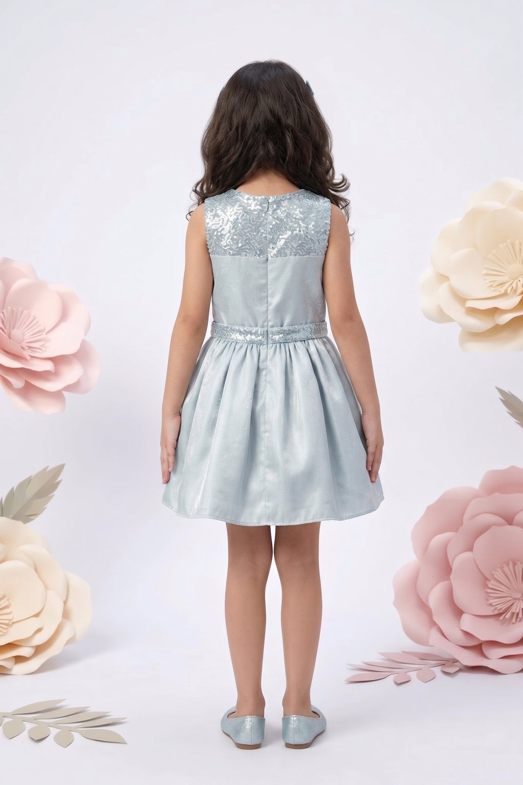 Opal Blue Party Dress with Sequin Bodice & Bow Back F577