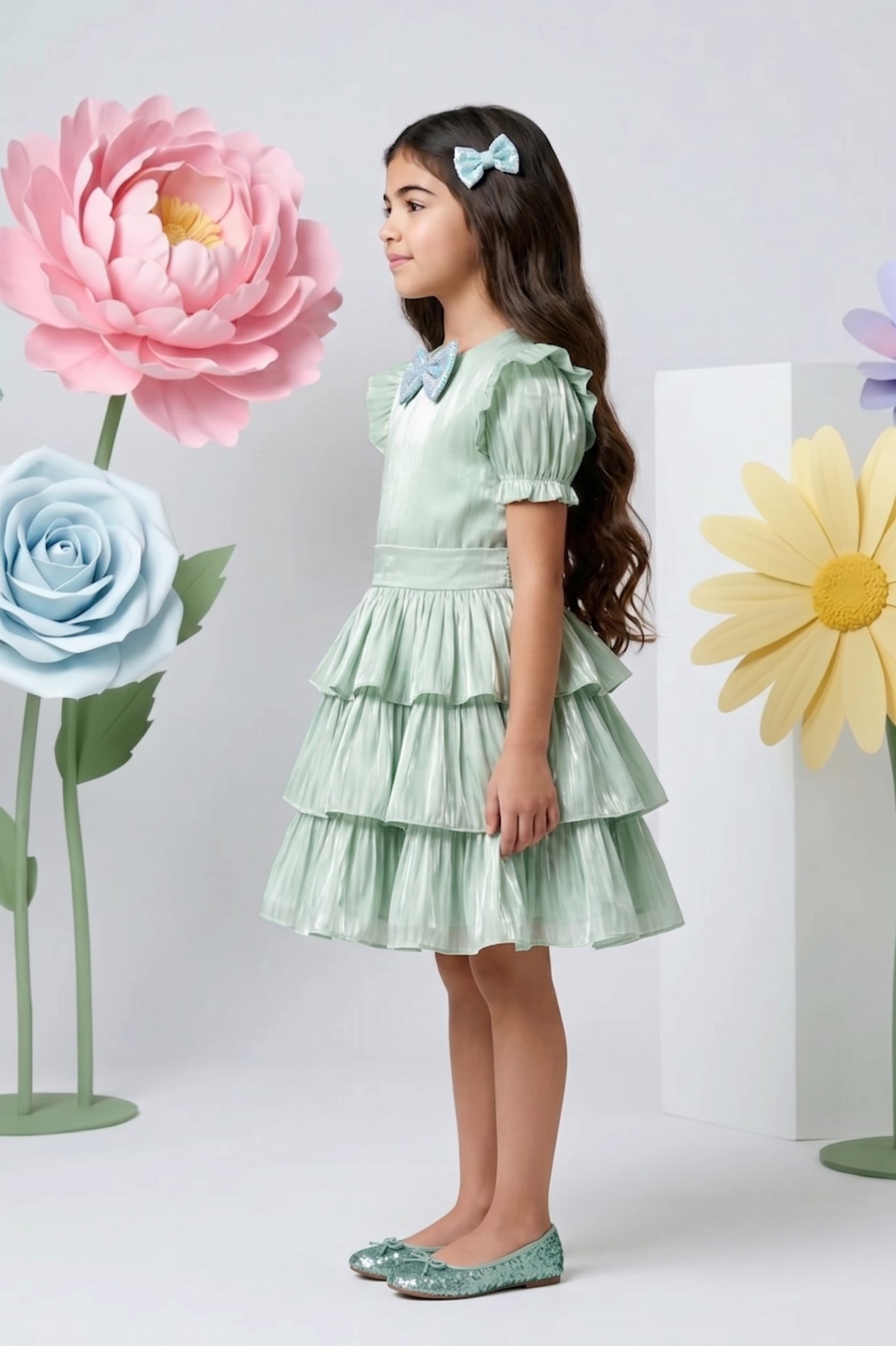 Pista Green Layered Party Dress with Bow F579