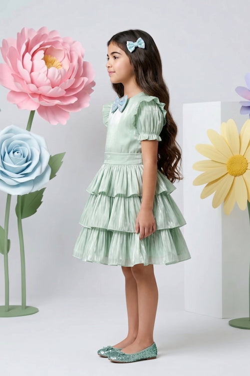 Pista Green Layered Party Dress with Bow F579