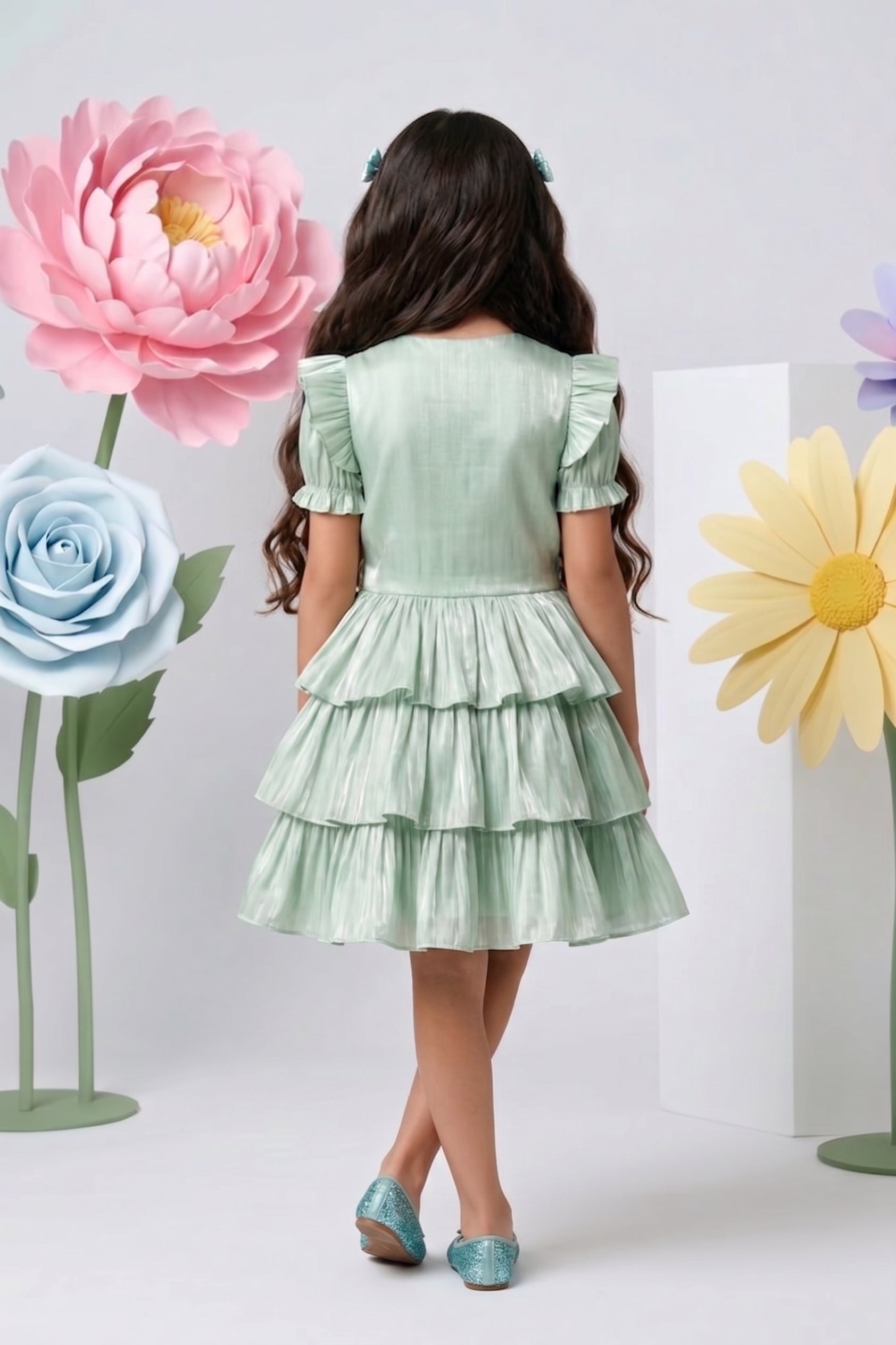 Pista Green Layered Party Dress with Bow F579