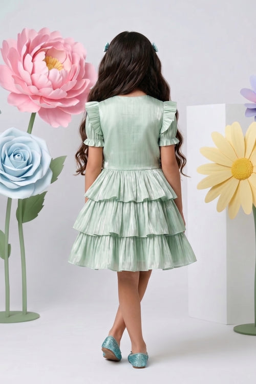 Pista Green Layered Party Dress with Bow F579