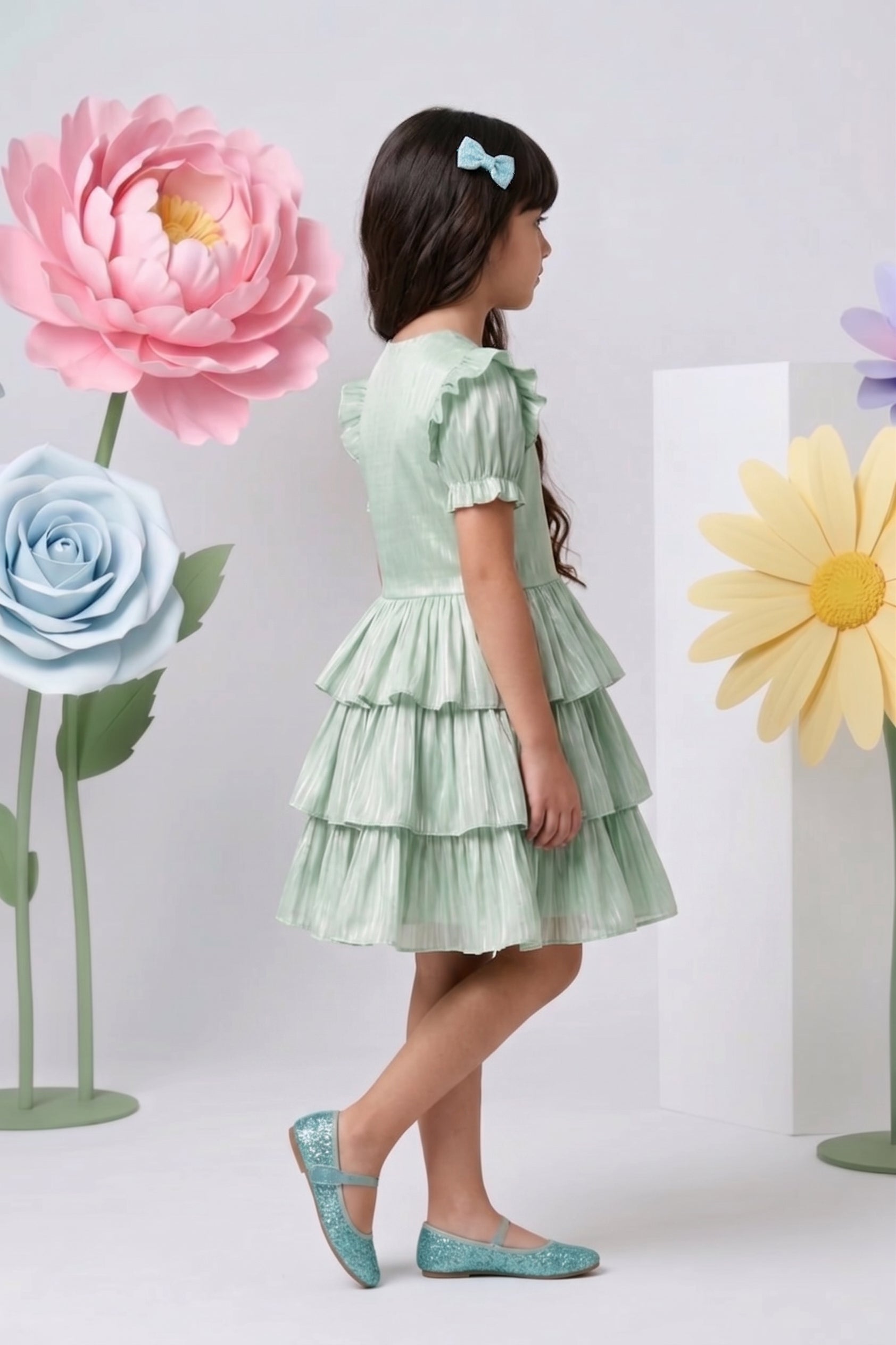 Pista Green Layered Party Dress with Bow F579