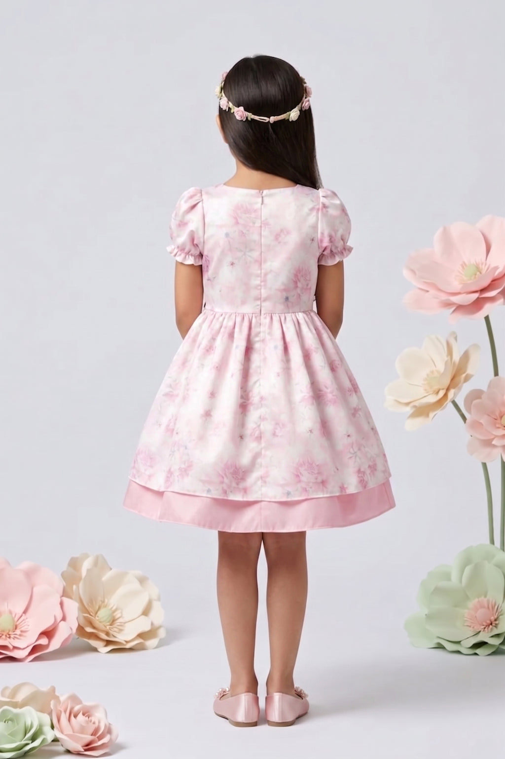 Light Pink Floral Party Dress with Puff Sleeves F595