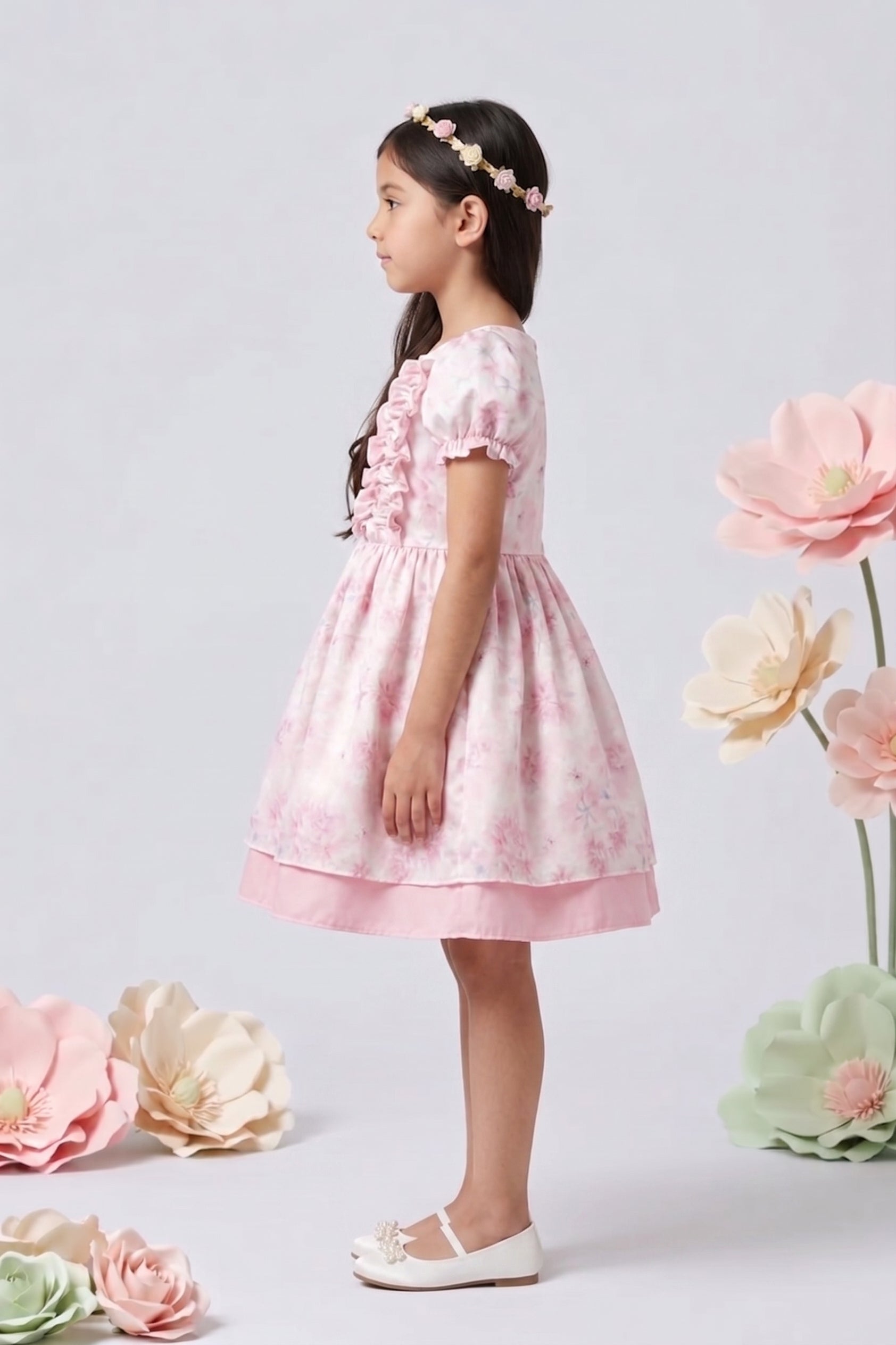 Light Pink Floral Party Dress with Puff Sleeves F595