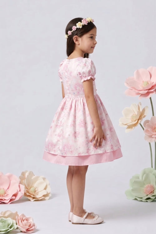 Light Pink Floral Party Dress with Puff Sleeves F595