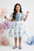 Powder Blue Floral Party Dress with Sequin Bodice & Puff Sleeves F650