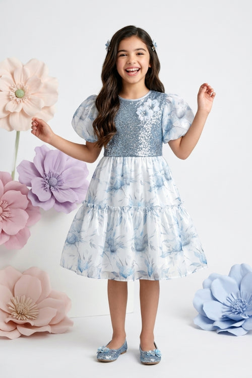 Powder Blue Floral Party Dress with Sequin Bodice & Puff Sleeves F650