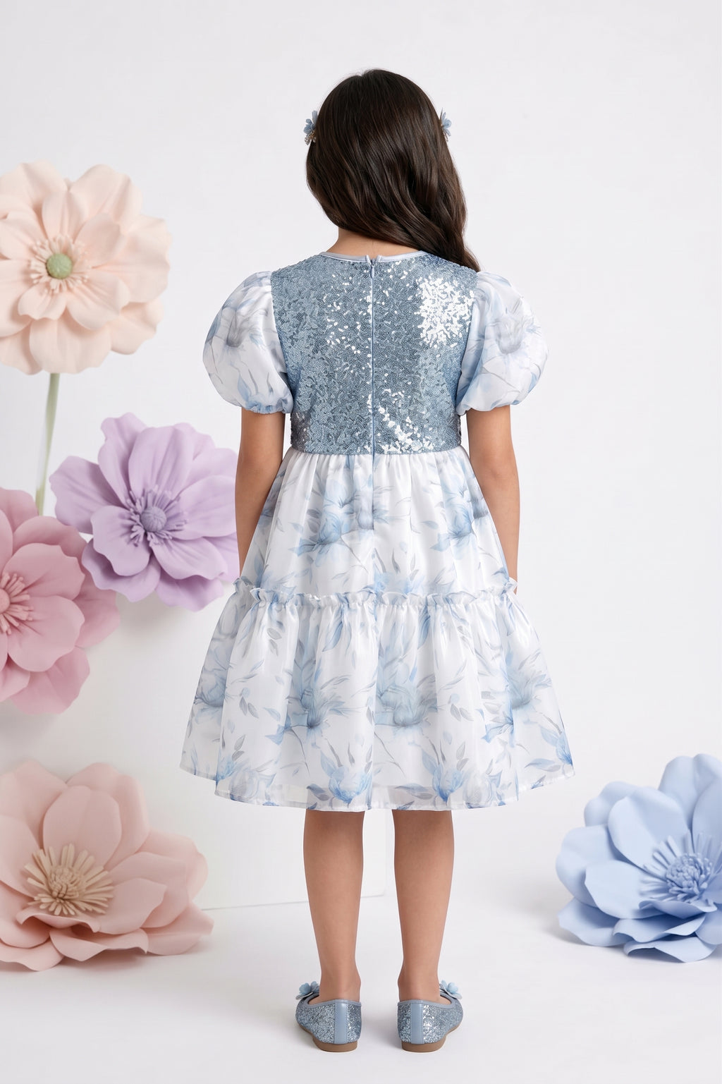 Powder Blue Floral Party Dress with Sequin Bodice & Puff Sleeves F650