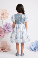 Powder Blue Floral Party Dress with Sequin Bodice & Puff Sleeves F650