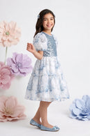 Powder Blue Floral Party Dress with Sequin Bodice & Puff Sleeves F650