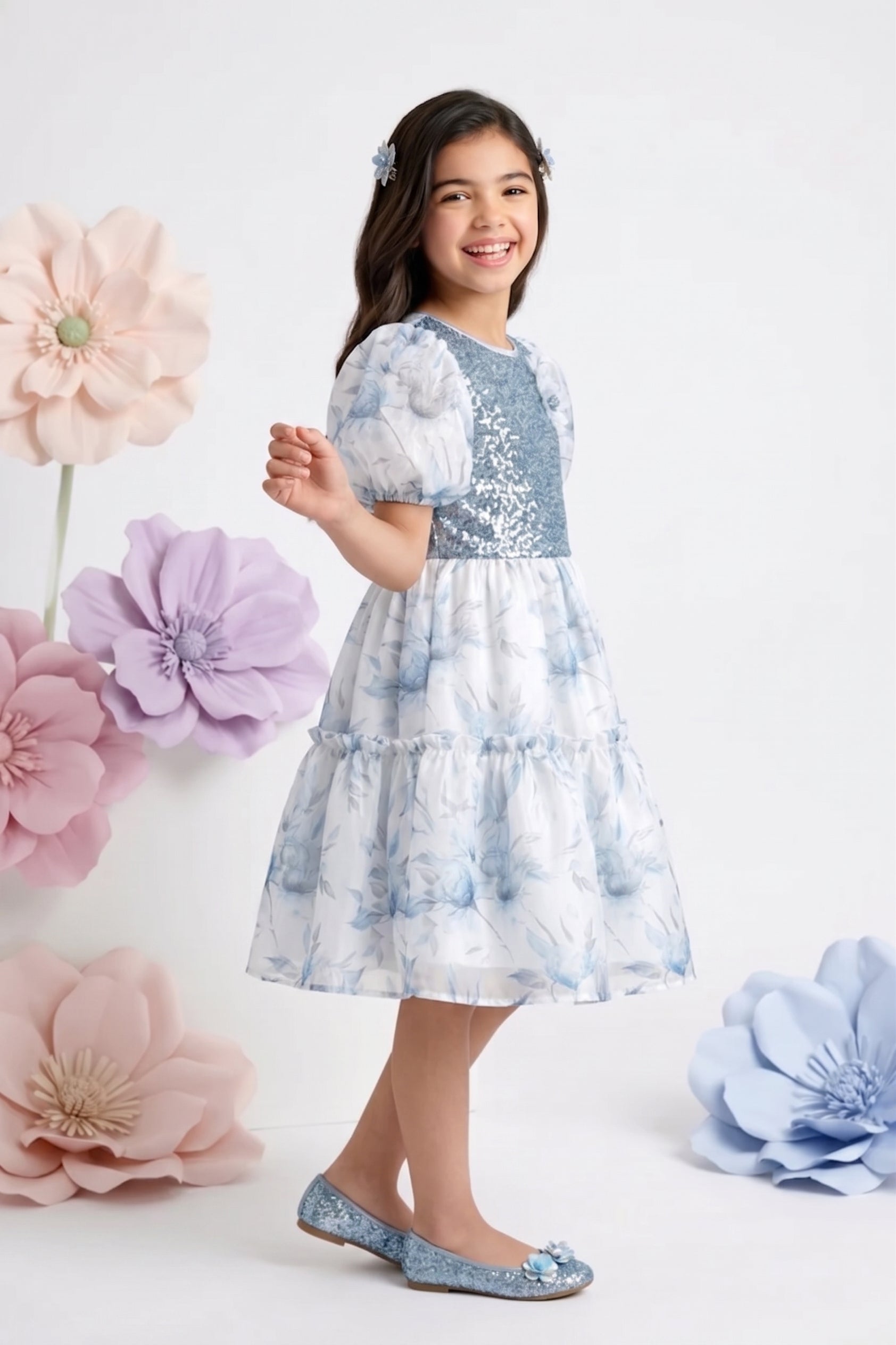 Powder Blue Floral Party Dress with Sequin Bodice & Puff Sleeves F650