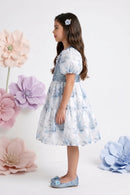 Powder Blue Floral Party Dress with Sequin Bodice & Puff Sleeves F650