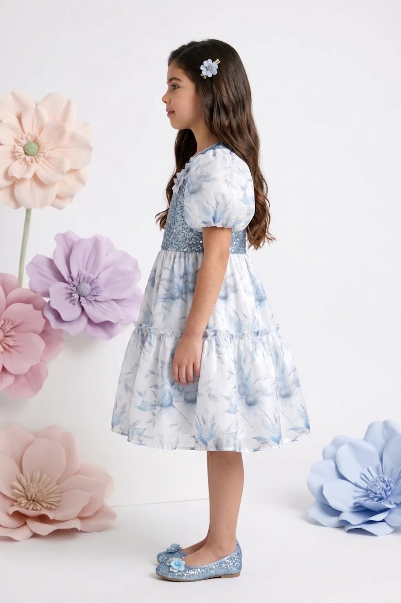 Powder Blue Floral Party Dress with Sequin Bodice & Puff Sleeves F650
