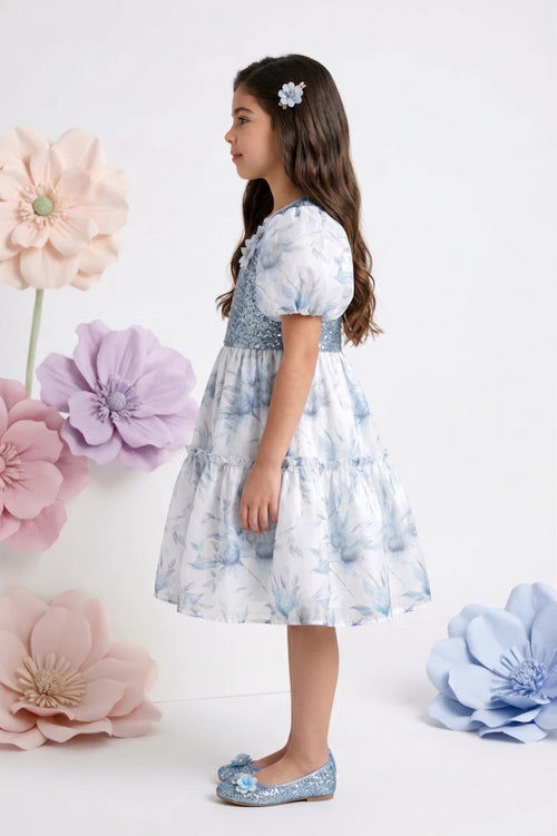 Powder Blue Floral Party Dress with Sequin Bodice & Puff Sleeves F650