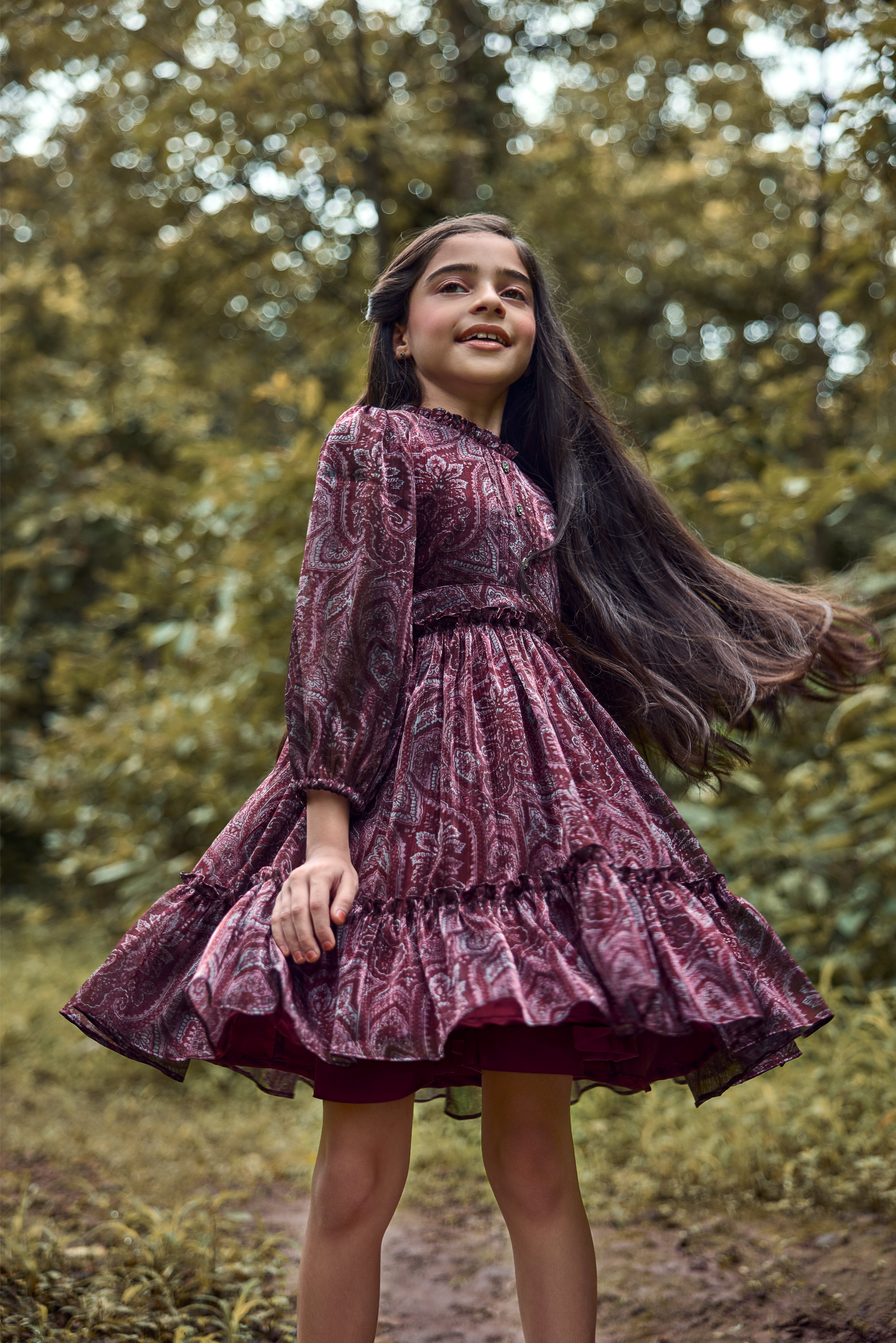 TinyGirls Maroon Printed Party Dress – Elegant Tiered Fit & Flare