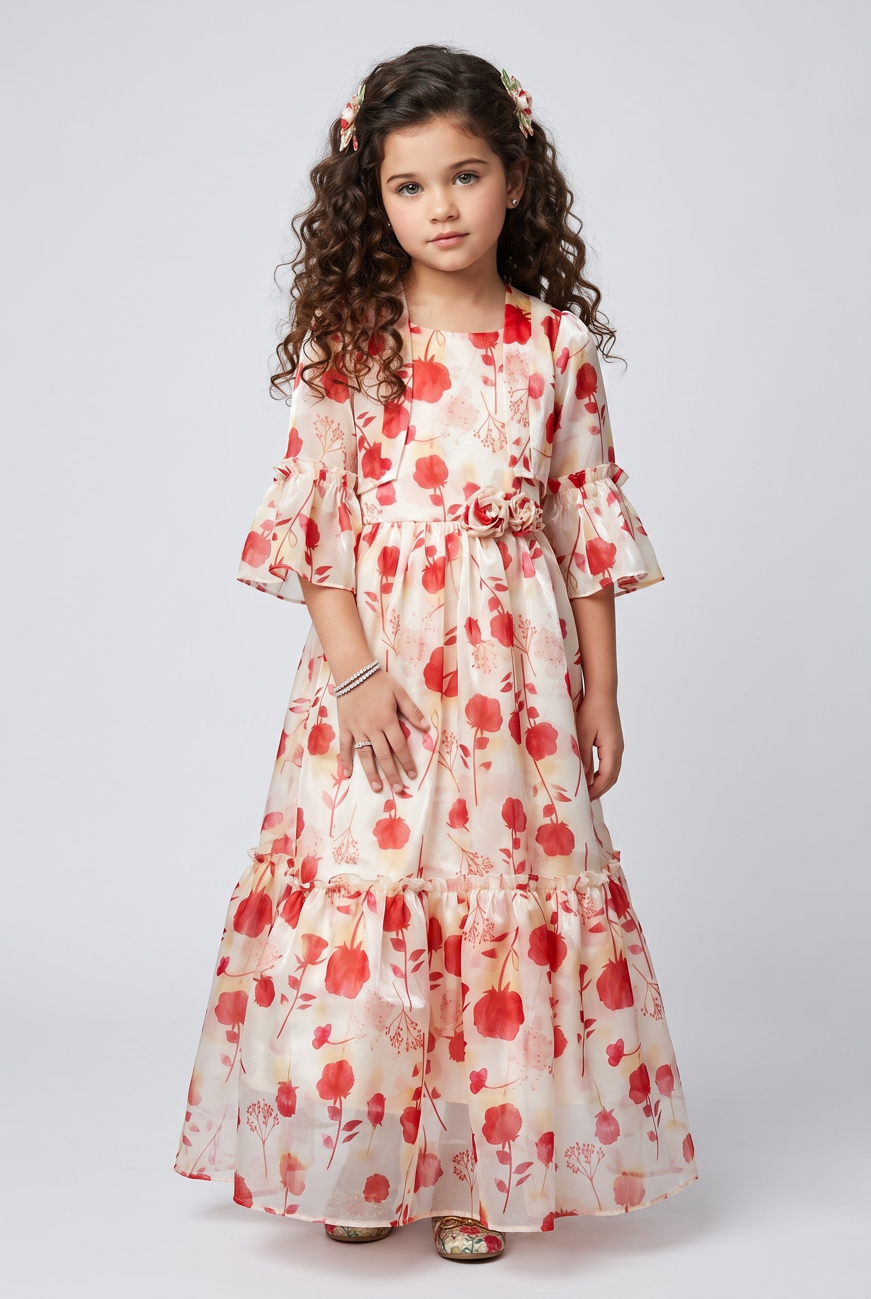 Cream & Orange Floral Print Full-Length Gown G372