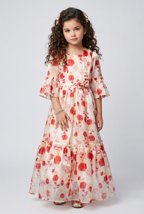 Cream & Orange Floral Print Full-Length Gown G372