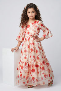Cream & Orange Floral Print Full-Length Gown G372
