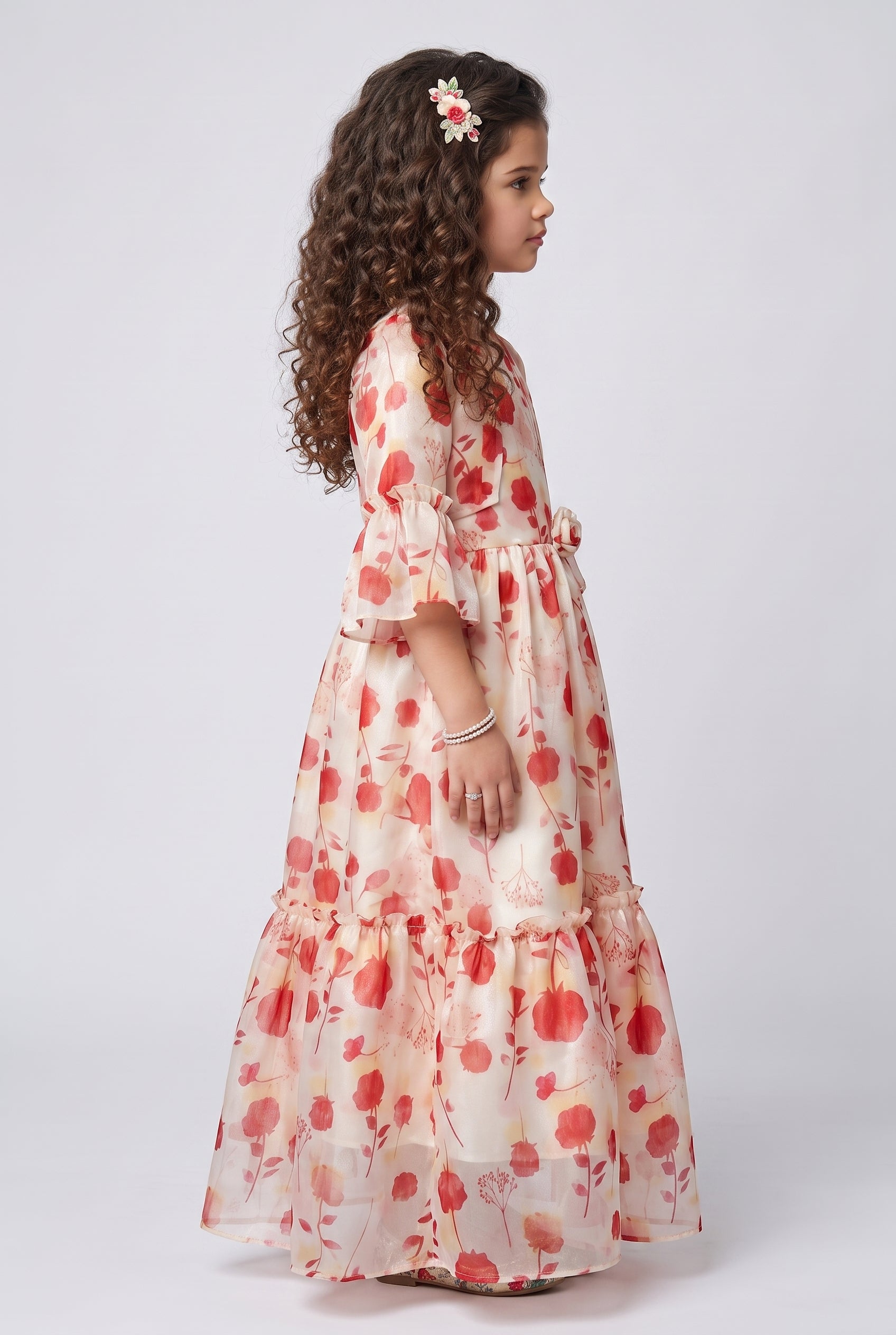 Cream & Orange Floral Print Full-Length Gown G372