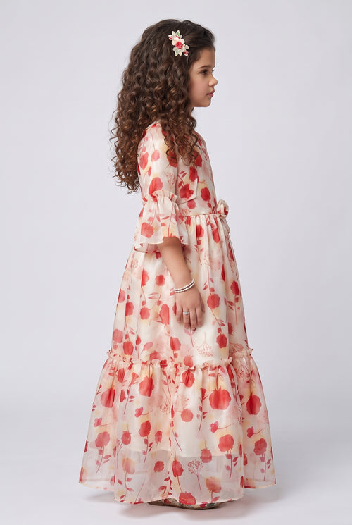 Cream & Orange Floral Print Full-Length Gown G372