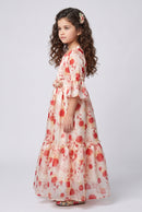 Cream & Orange Floral Print Full-Length Gown G372